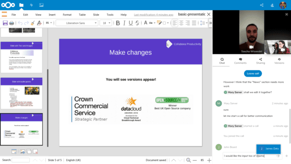 Collabora presentation file screenshot with video and comments in the sidebar