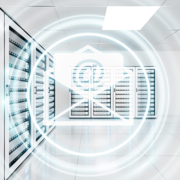 white server room with overlayed email icon and light circles